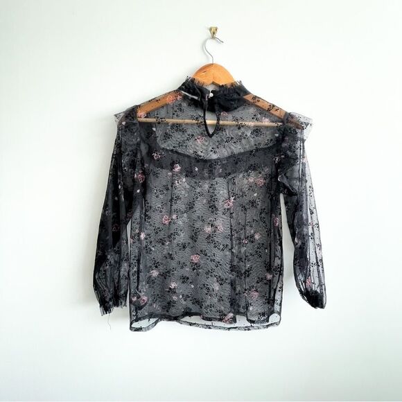 Suzy Shier Floral Blouse Sheer Black Flocked Ruffled Elastic Cuff Women's S - Picture 2 of 9